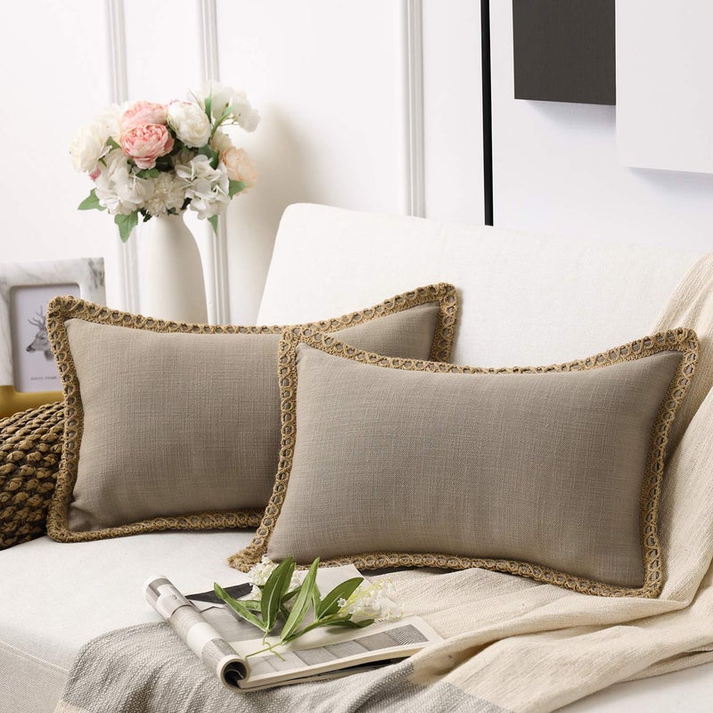 Phantoscope Pack of 2 Farmhouse Decorative Throw Decorative Pillow Cover Burlap Linen Trimmed Tailored Edges Beige, Plain, 12 x 20 inches, 30 x 50 cm - Image 1
