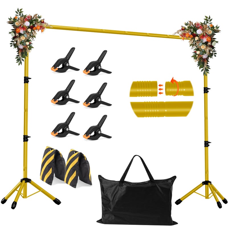 JSungo Backdrop Stand, Adjustable 10x7.5 FT Background Stand Backdrop for Parties, Photo Video Studio, Portable Photography Backdrop Stand with Carrying Bag, 6 Backdrop Clamps, and 2 Stand Bags, Gold - Image 1
