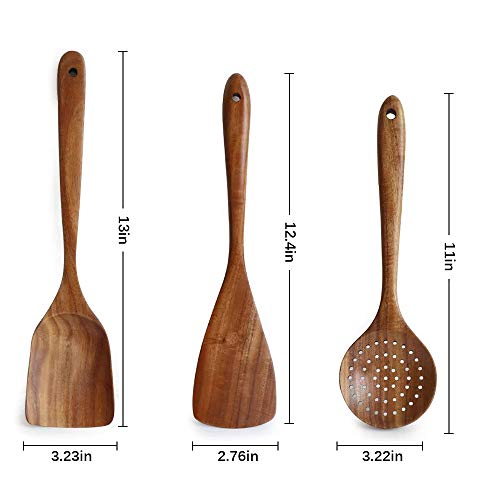 Mary Paxton Teak Kitchen Utensils Set,Slotted Spoon+Flat Spatula+Wok Spatula Kit,Kitchenware Nonstick Pan Fryer Pot Cookware Wooden Kitchen Utensil Set Natural Handcrafted Cutlery Kitchen Tool for Cooking - Image 2