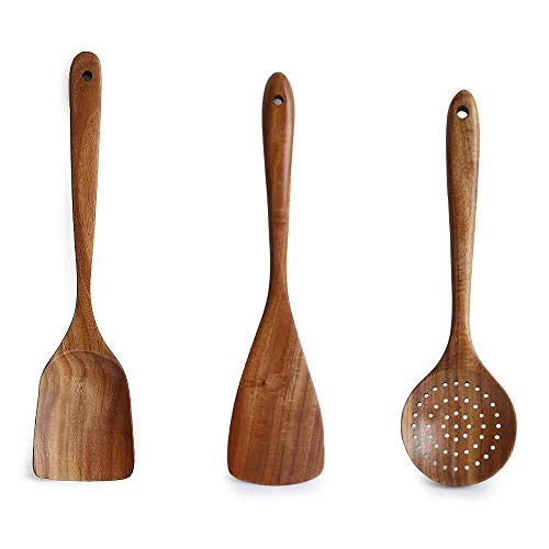 Mary Paxton Teak Kitchen Utensils Set,Slotted Spoon+Flat Spatula+Wok Spatula Kit,Kitchenware Nonstick Pan Fryer Pot Cookware Wooden Kitchen Utensil Set Natural Handcrafted Cutlery Kitchen Tool for Cooking - Image 1