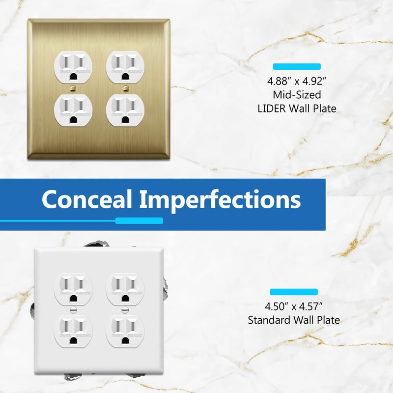 LIDER Dual Duplex Receptacle Metal Wall Plate, Stainless Steel Outlet Cover, Corrosion Resistant, Mid-Size 2-Gang 4.88" x 4.92", 201 Stainless Steel, LMWP-22M-BB, Brushed Brass - Image 3