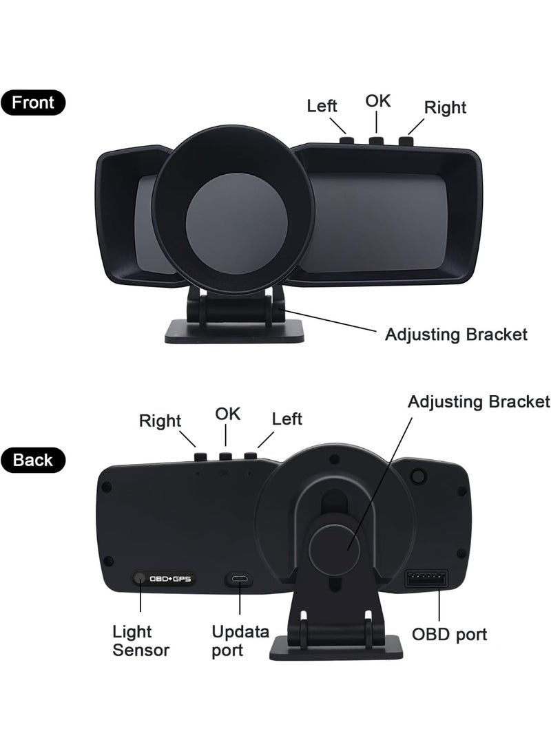 Car HUD Head Up Display with OBD2 + GPS Dual System Digtial Speedometer with 3 LCD Screens A600 Multi-Function Dashboard Computer OBD Mode only for 2012 and Later Cars, GPS Mode for All Cars - Image 4