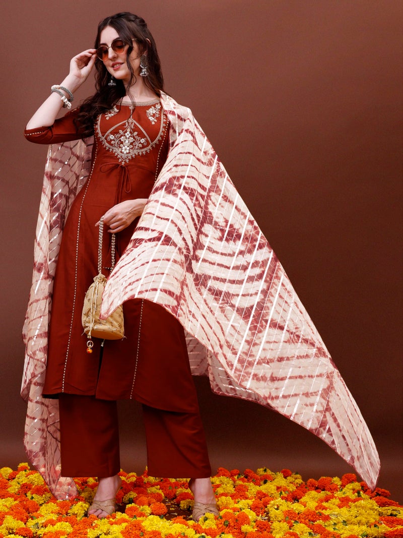 EthnicJunction Women's Cotton Silk EID Special Sequine Lace Work Kurta Palazzo and Dupatta Set | eid Outfits for Women Rust - Image 3