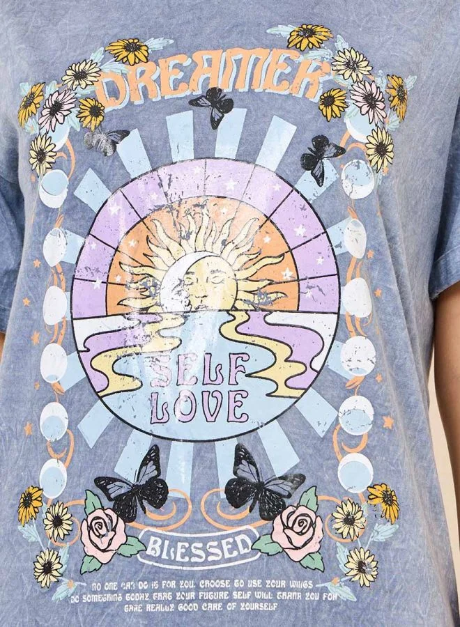 Styli Styli Acid Wash Dreamer Graphic Oversized Longline T-Shirt