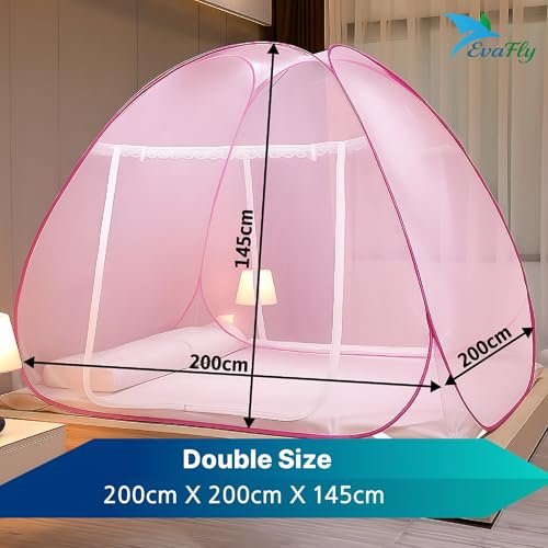 Evafly Mosquito Net for Double Bed | King Size Foldable Machardani | Polyester 30GSM Strong Net | PVC Coated Corrosion Resistant Steel Wire - Full Pink - Image 2