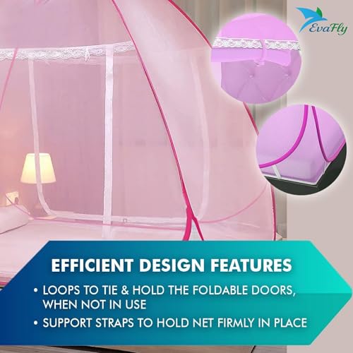 Evafly Mosquito Net for Double Bed | King Size Foldable Machardani | Polyester 30GSM Strong Net | PVC Coated Corrosion Resistant Steel Wire - Full Pink - Image 5