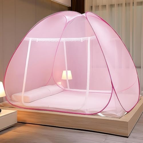 Evafly Mosquito Net for Double Bed | King Size Foldable Machardani | Polyester 30GSM Strong Net | PVC Coated Corrosion Resistant Steel Wire - Full Pink - Image 1