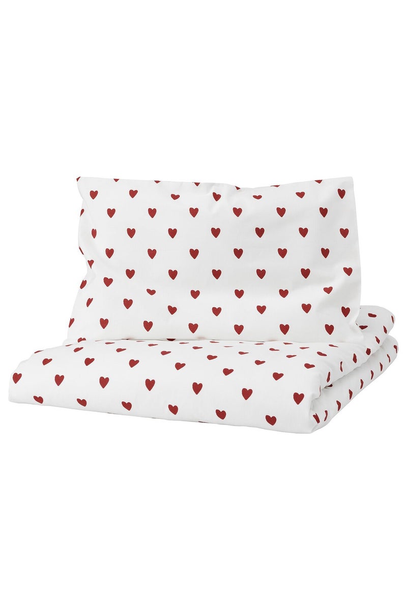 Duvet cover 1 pillowcase for cot, heart pattern/white red - Image 1