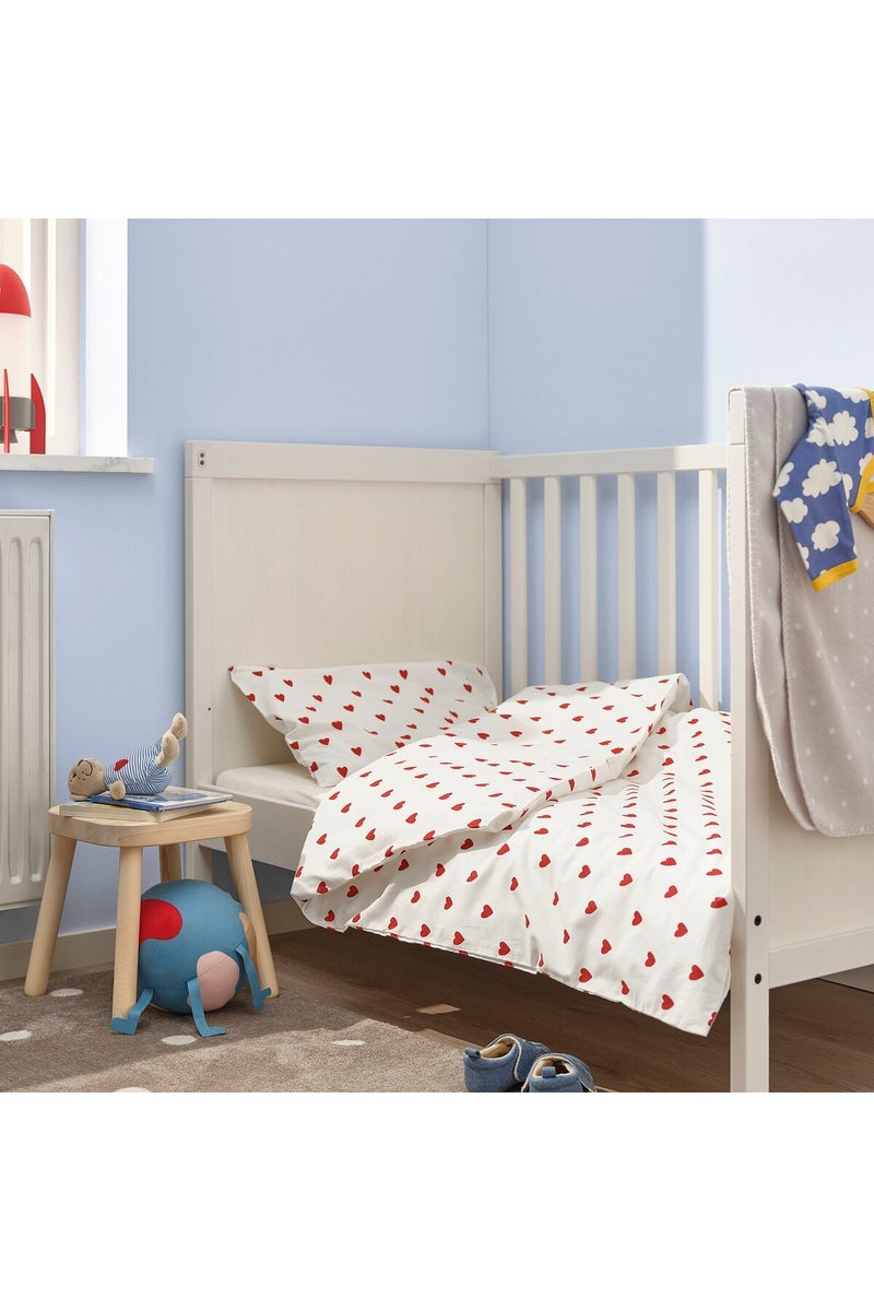 Duvet cover 1 pillowcase for cot, heart pattern/white red - Image 3