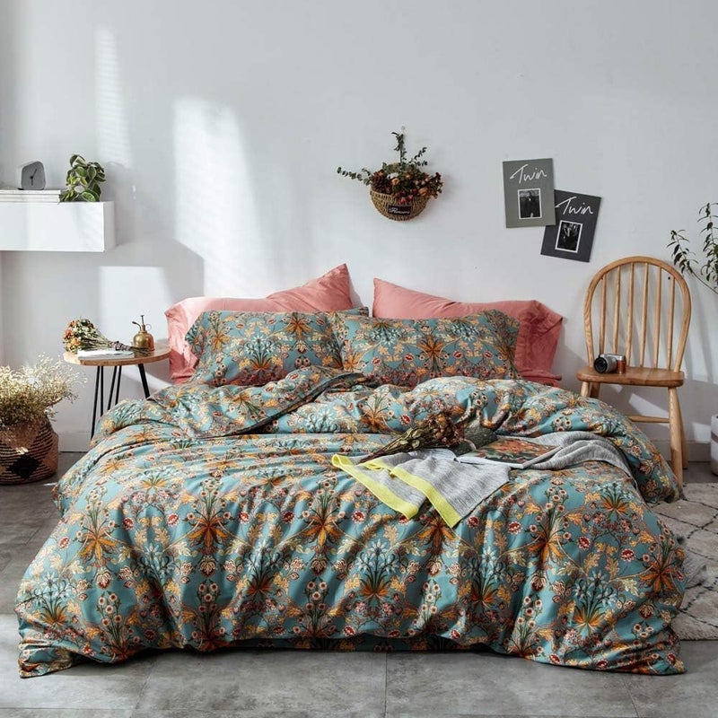 EAVD Vintage Style Garden Flower Duvet Cover King Soft Cotton Reversible Flower Bedding Set with 2 Pillowcases Chic Shabby Boho Floral Comforter Set for Women Girls Floral Bedding Set