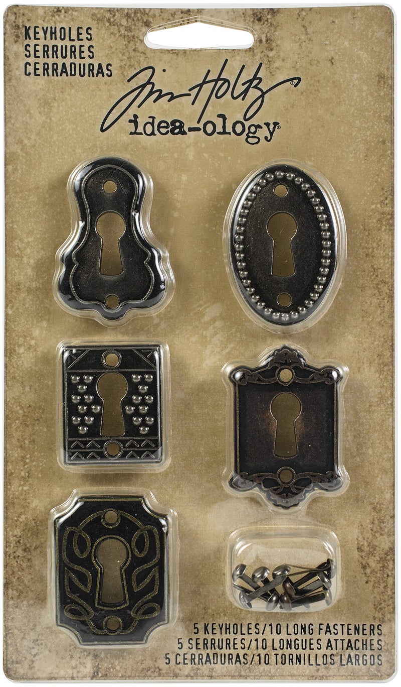 Tim Holtz فتحات مفاتيح معدنية من تيم هولتز إيديا-أولجي مع مسامير طويلة، 5 فتحات مفاتيح، 10 مسامير طويلة، أحجام متنوعة، تشطيبات عتيقة، TH92718، بني - Image 1