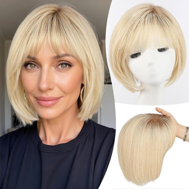EMMOR Human Hair Toppers for Women Short Bob Real Hair Toppers with Bangs Side Part Hairpieces for Women with Thin Hair 10 Hair Extension with 65 65 Larger BaseOmbre Light Blonde