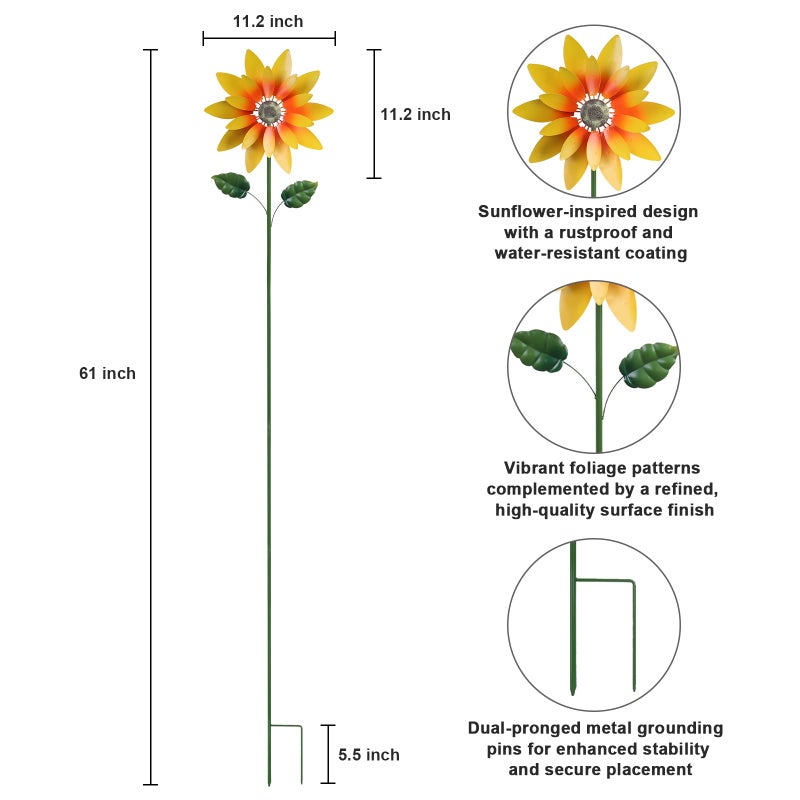 hogardeck Outdoor Wind Spinner, 61" Metal Sunflower Wind Spinner with Stake, 360Â° Rotating Windmill Yard Art, Kinetic Wind Sculptures for Home Lawn Backyard Patio Decor, Gifts for Garden Lovers - Image 3