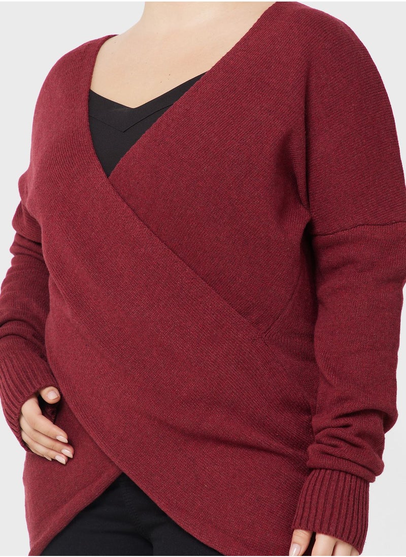 Ella Plus - Wrap Detail V Neck Sweater - Image 1