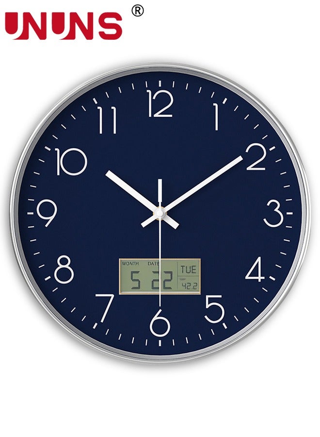 UNUNS Plastic Frame Wall Clock,Green Rose Gold Frame Digital Wall Clock With Date And Temperature,12 Inch Non-Ticking Round Wall Clock For Home,Decorative Wall Clocks,Blue  - Image 1