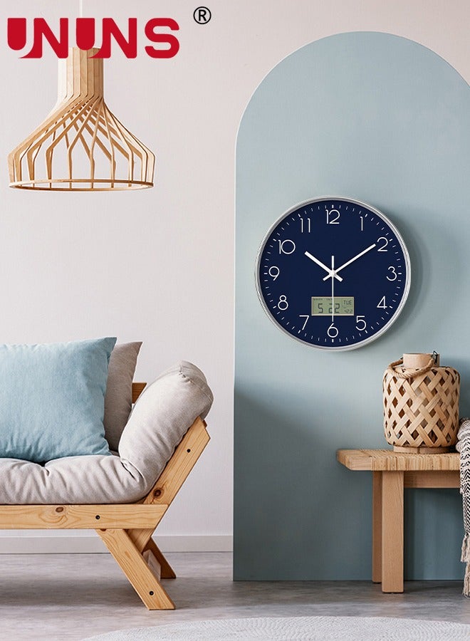 UNUNS Plastic Frame Wall Clock,Green Rose Gold Frame Digital Wall Clock With Date And Temperature,12 Inch Non-Ticking Round Wall Clock For Home,Decorative Wall Clocks,Blue  - Image 5