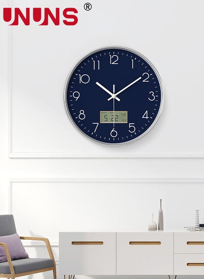 UNUNS Plastic Frame Wall Clock,Green Rose Gold Frame Digital Wall Clock With Date And Temperature,12 Inch Non-Ticking Round Wall Clock For Home,Decorative Wall Clocks,Blue  - Image 3