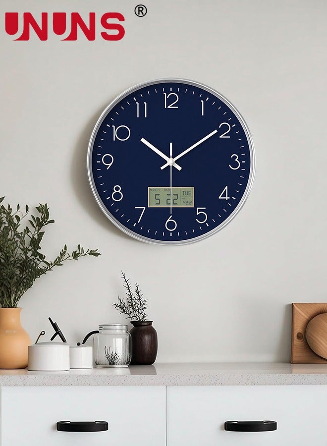 UNUNS Plastic Frame Wall Clock,Green Rose Gold Frame Digital Wall Clock With Date And Temperature,12 Inch Non-Ticking Round Wall Clock For Home,Decorative Wall Clocks,Blue  - Image 2
