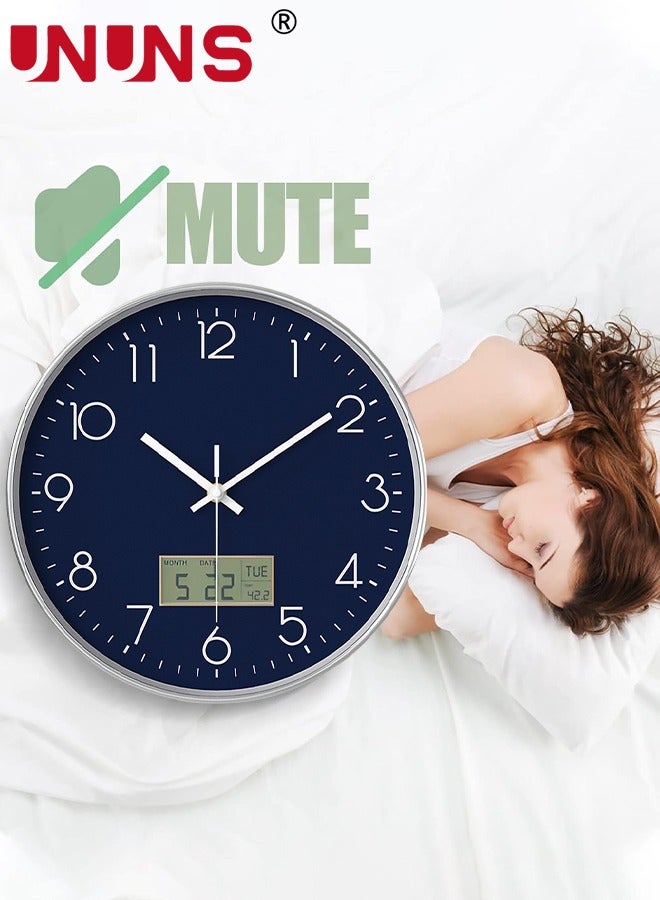 UNUNS Plastic Frame Wall Clock,Green Rose Gold Frame Digital Wall Clock With Date And Temperature,12 Inch Non-Ticking Round Wall Clock For Home,Decorative Wall Clocks,Blue  - Image 4