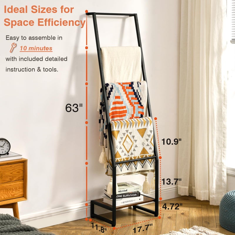 DGWJSU Blanket Ladder, 5 Tier Ladder Shelf,Wooden Blanket Ladders for Living Room and Bedroom, 5.2ft Blanket Holder Rack Farmhouse Ladder Rack for Storage and Home Decor, Rustic Brown and Black - Image 3