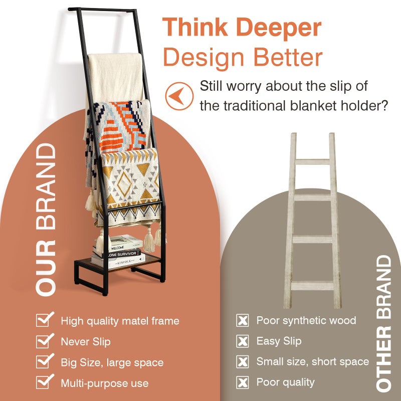 DGWJSU Blanket Ladder, 5 Tier Ladder Shelf,Wooden Blanket Ladders for Living Room and Bedroom, 5.2ft Blanket Holder Rack Farmhouse Ladder Rack for Storage and Home Decor, Rustic Brown and Black - Image 5