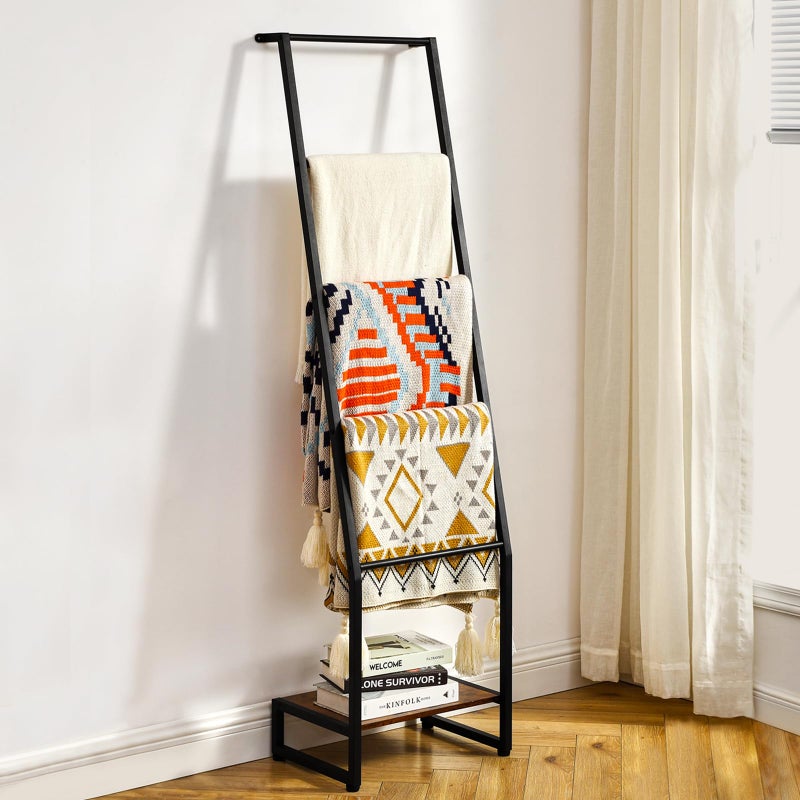 DGWJSU Blanket Ladder, 5 Tier Ladder Shelf,Wooden Blanket Ladders for Living Room and Bedroom, 5.2ft Blanket Holder Rack Farmhouse Ladder Rack for Storage and Home Decor, Rustic Brown and Black - Image 1