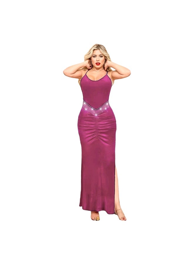 Elegant Velvet Evening Gown for Women Fitted Bodycon Maxi Dress with Spaghetti Straps Sweetheart Neck Side Slit Rhinestone Waist Detail Soft Stretch Party Dress for Weddings Proms Evening Parties Formal Events Up to 65 KG