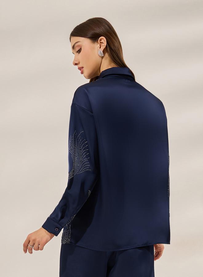 Styli Navy Blue Embellished Satin Shirt - Image 5