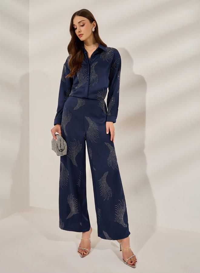Styli Navy Blue Embellished Satin Shirt - Image 2
