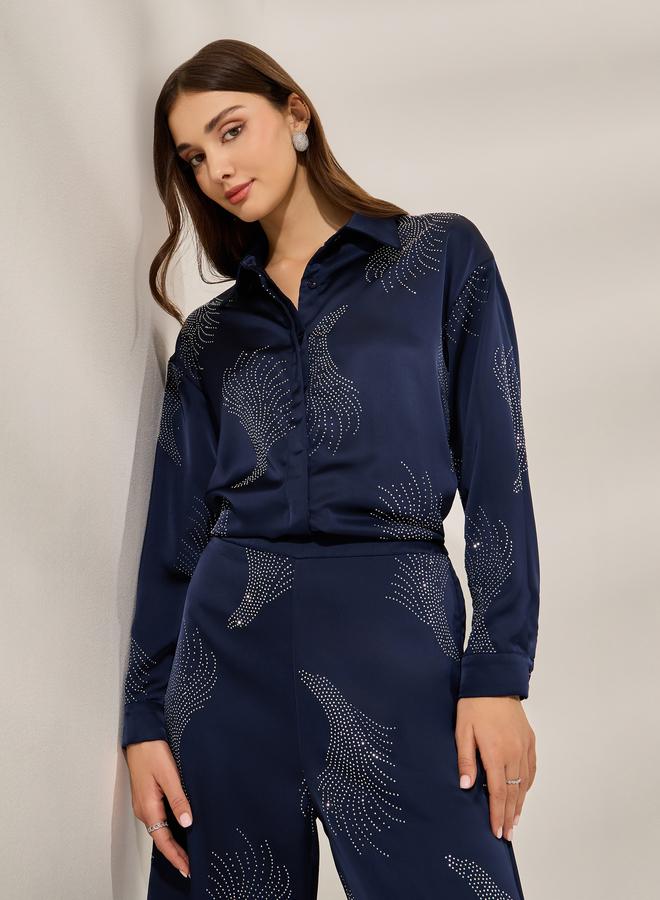 Styli Navy Blue Embellished Satin Shirt - Image 3