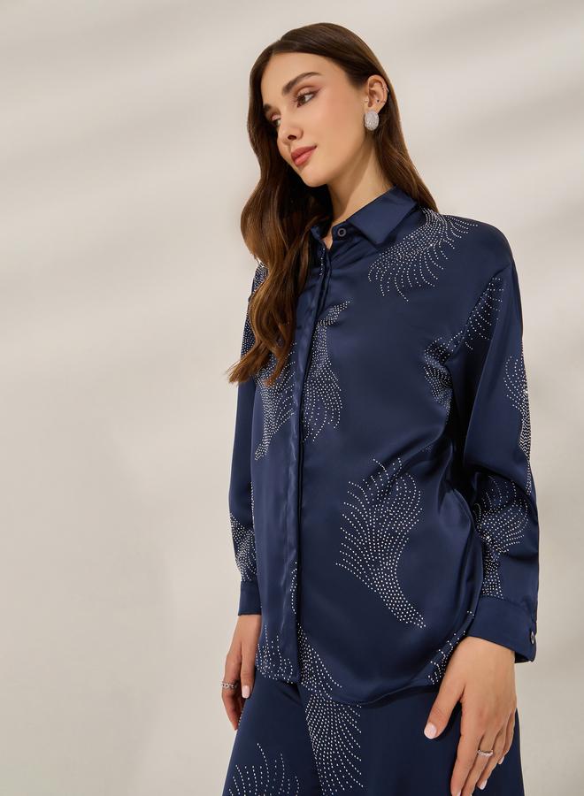Styli Navy Blue Embellished Satin Shirt - Image 1