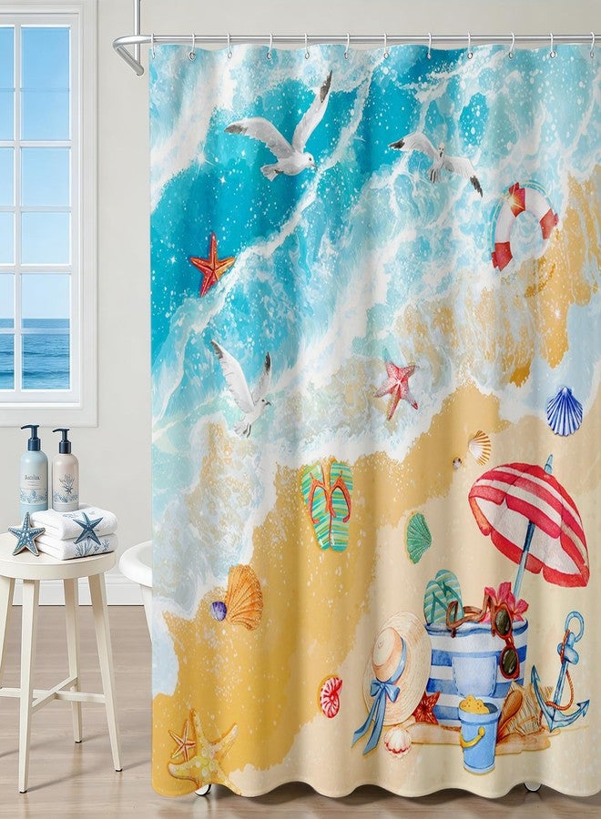 Mocsicka Summer Beach Shower Curtain Sea Waves Ocean Beach Shells Bathroom Shower Curtain Summer Seaside Nautical Coastal Waterproof Fabric Shower Curtains Bathtub Decor with 12 Hooks 72 X 72 Inch - Image 3
