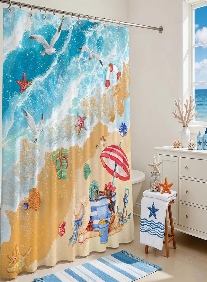 Mocsicka Summer Beach Shower Curtain Sea Waves Ocean Beach Shells Bathroom Shower Curtain Summer Seaside Nautical Coastal Waterproof Fabric Shower Curtains Bathtub Decor with 12 Hooks 72 X 72 Inch - Image 4