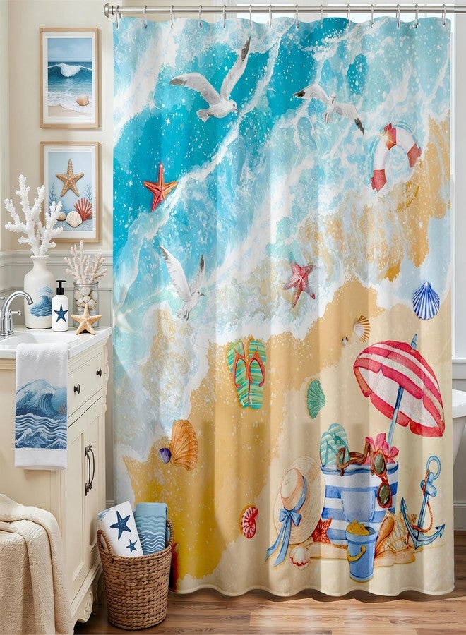 Mocsicka Summer Beach Shower Curtain Sea Waves Ocean Beach Shells Bathroom Shower Curtain Summer Seaside Nautical Coastal Waterproof Fabric Shower Curtains Bathtub Decor with 12 Hooks 72 X 72 Inch - Image 2