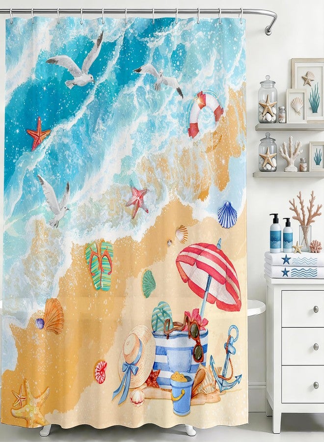 Mocsicka Summer Beach Shower Curtain Sea Waves Ocean Beach Shells Bathroom Shower Curtain Summer Seaside Nautical Coastal Waterproof Fabric Shower Curtains Bathtub Decor with 12 Hooks 72 X 72 Inch - Image 1