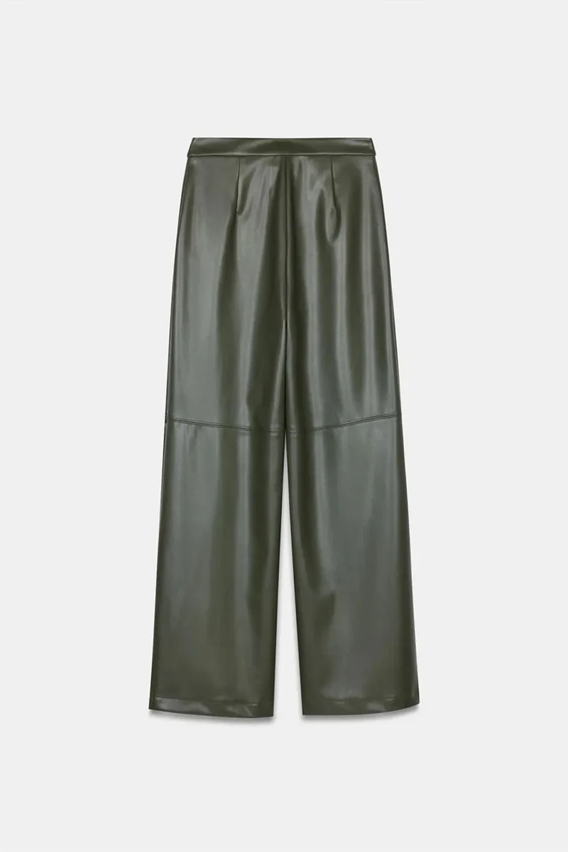 Dilvin Forest Green DILVIN High-Waist Wide-Leg Faux Leather Trousers for Women | Best Price UAE