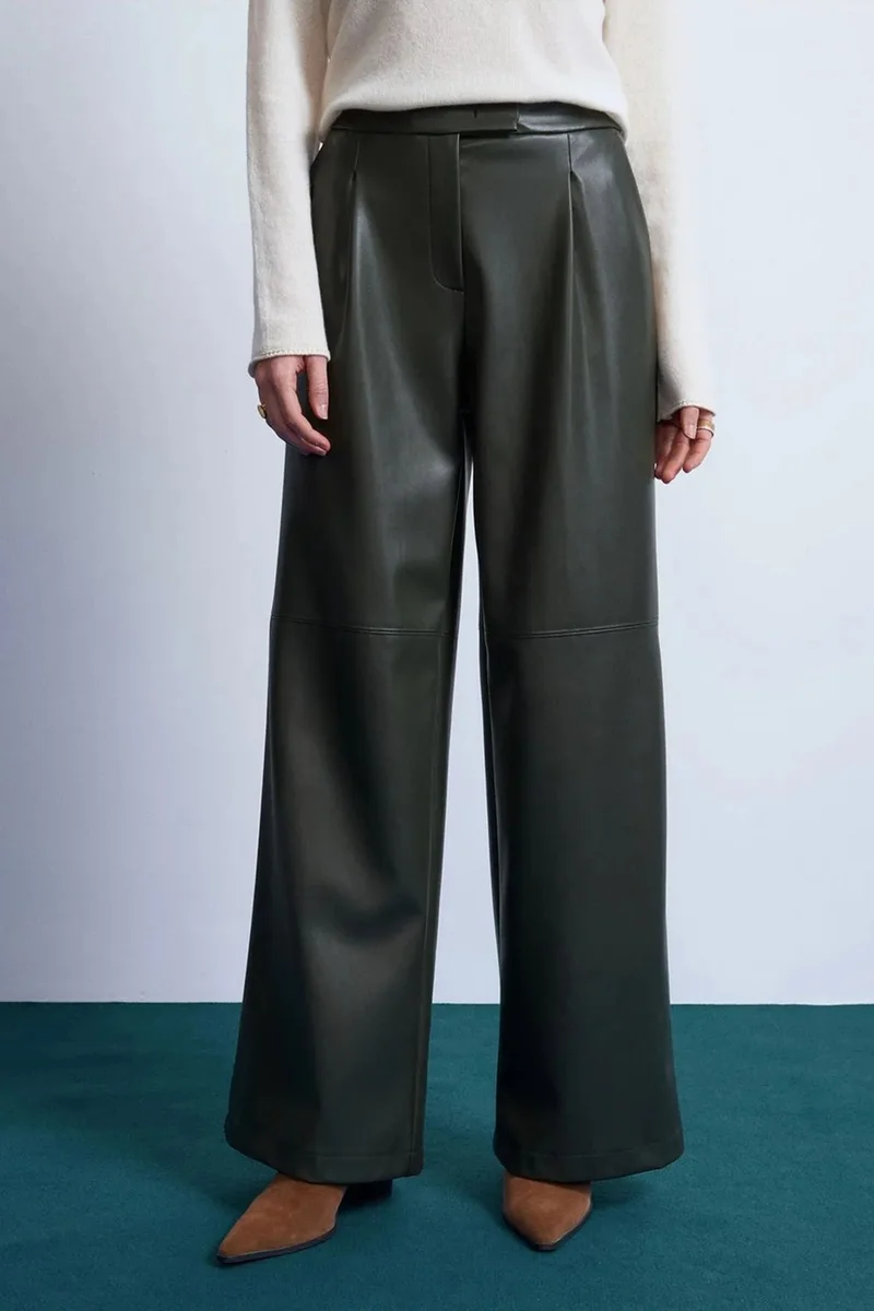 Dilvin Forest Green DILVIN High-Waist Wide-Leg Faux Leather Trousers for Women | Best Price UAE