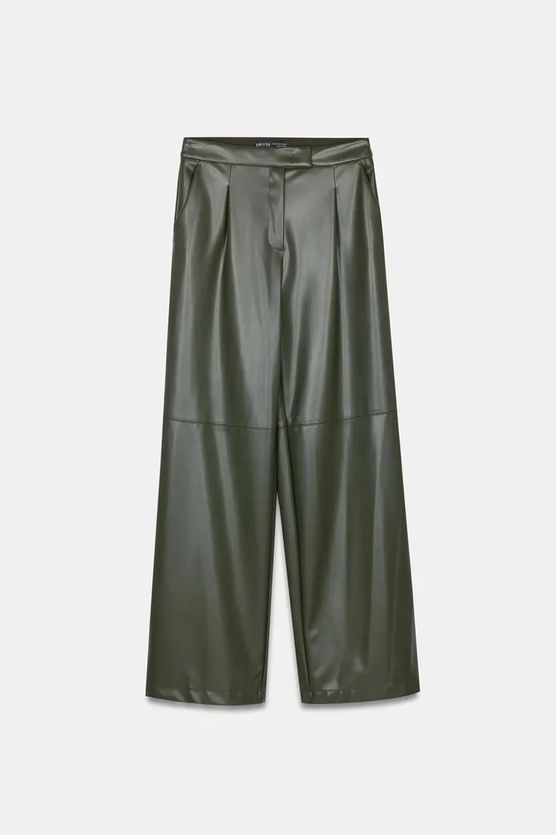 Dilvin Forest Green DILVIN High-Waist Wide-Leg Faux Leather Trousers for Women | Best Price UAE