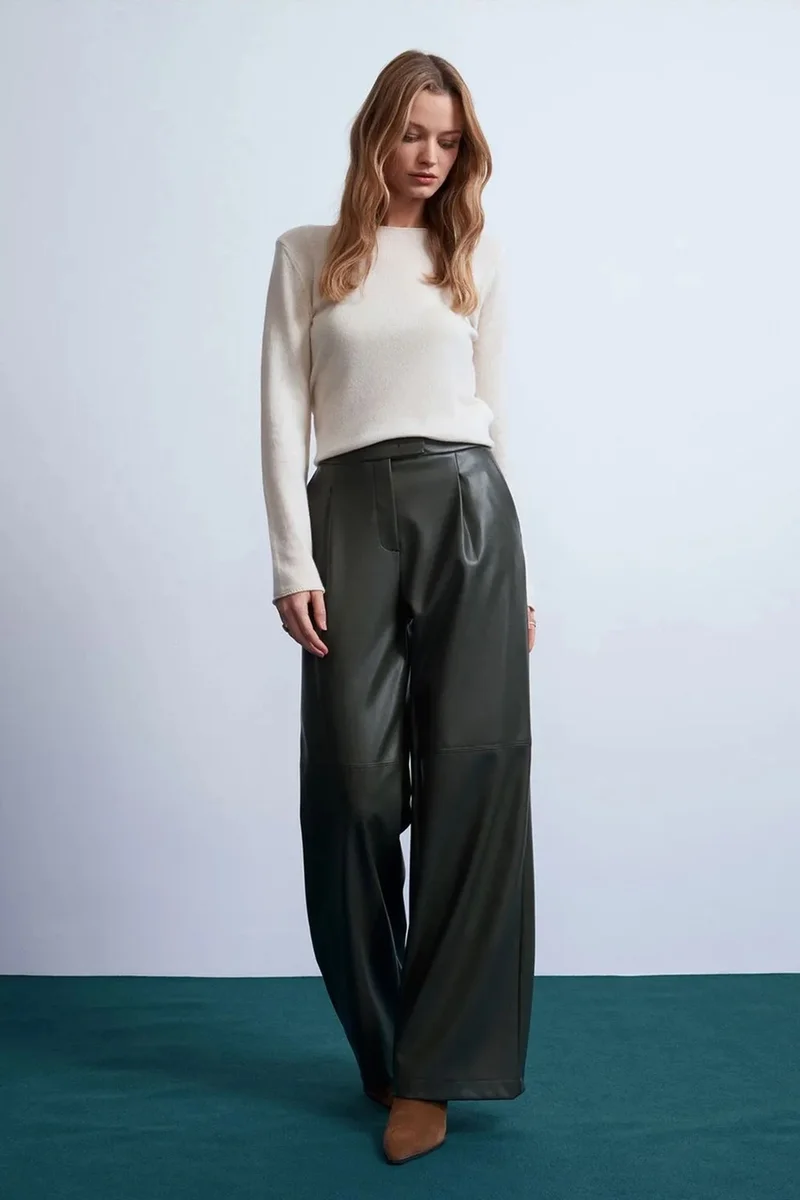 Dilvin Forest Green DILVIN High-Waist Wide-Leg Faux Leather Trousers for Women | Best Price UAE