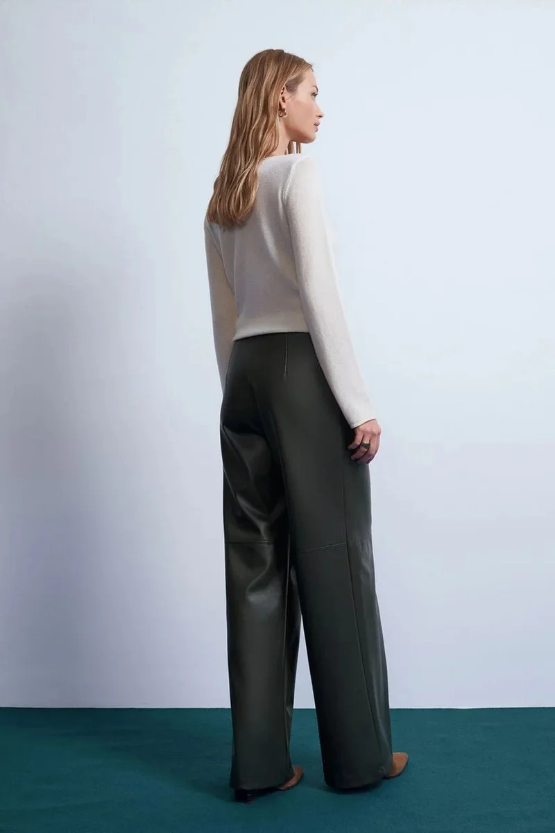 Dilvin Forest Green DILVIN High-Waist Wide-Leg Faux Leather Trousers for Women | Best Price UAE