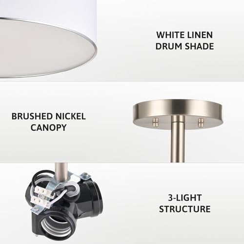 VONLUCE Semi Flush Mount Ceiling Light, 18" Drum Light Fixture with Diffused Shaped, Modern Drum Light Fixture for Bedroom Living Room Entryway Hallway, White Shade & Nickel Finish - Image 5