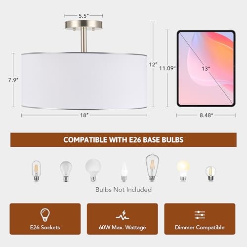 VONLUCE Semi Flush Mount Ceiling Light, 18" Drum Light Fixture with Diffused Shaped, Modern Drum Light Fixture for Bedroom Living Room Entryway Hallway, White Shade & Nickel Finish - Image 4