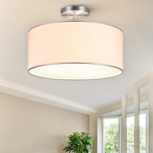 VONLUCE Semi Flush Mount Ceiling Light, 18" Drum Light Fixture with Diffused Shaped, Modern Drum Light Fixture for Bedroom Living Room Entryway Hallway, White Shade & Nickel Finish - Image 1