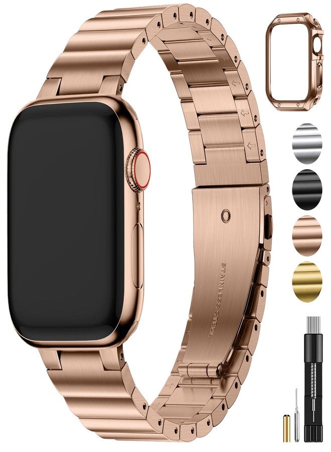 Fullmosa Metal Band Compatible with Apple Watch 45mm 44mm 42mm 41mm 40mm 38mm for Men Women, Stainless Steel iWatch Band with TPU Case for Apple Watch Series 9 8 7 6 5 4 3 2 1 SE3/2/1 (42mm 44mm 45mm, Rose Gold) - Image 1