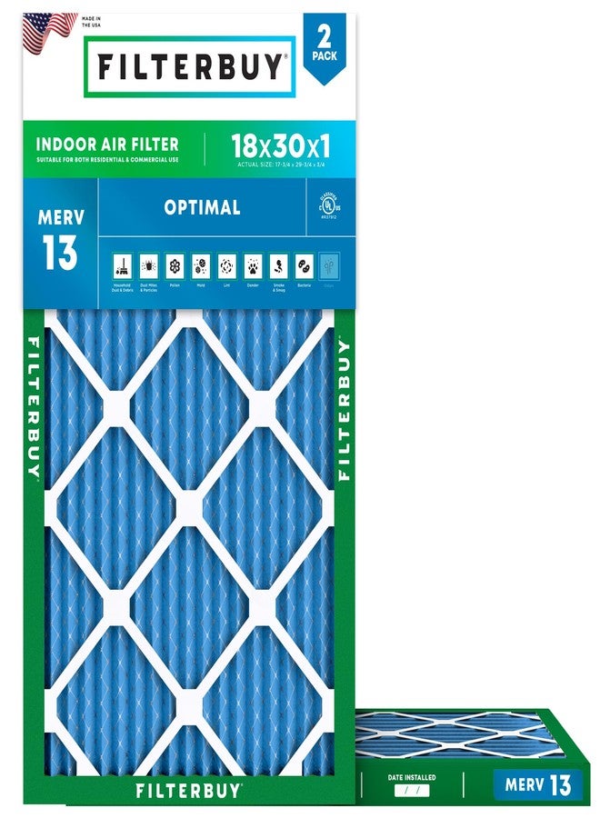 Filterbuy 18x30x1 Air Filter MERV 13 Optimal Defense (2-Pack), Pleated HVAC AC Furnace Air Filters Replacement (Actual Size: 17.75 x 29.75 x 0.75 Inches) - Image 1
