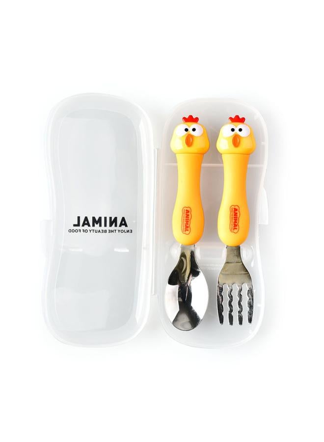 Cartoon Portable Cute Animal Fork Spoon Tableware Travel Two-piece Children Learn To Eat Complementary Food Stainless Steel Tableware Suit