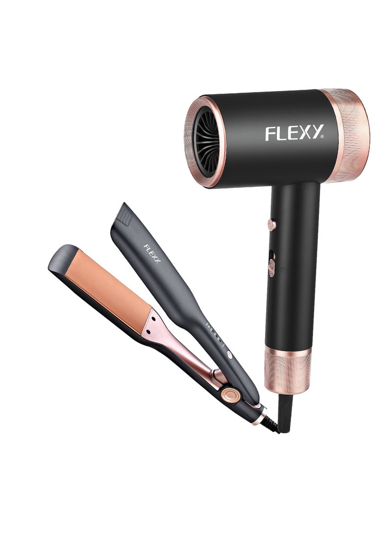 Flexy Hair Dryer & Straightener Set, 2000W Dryer with 2 Speeds, 980°F Titanium Straightener, Cool Shot, Diffuser, Portable Design, 3 Temp Settings, 2-Year Warranty.  - Image 1