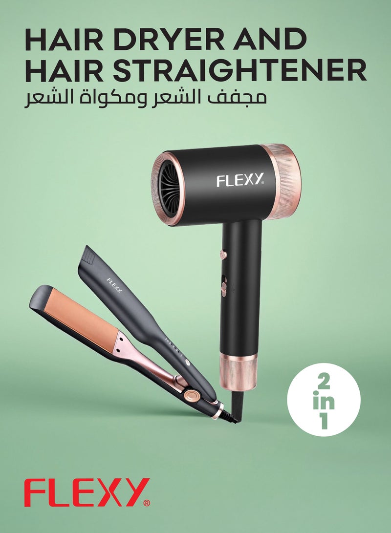 Flexy Hair Dryer & Straightener Set, 2000W Dryer with 2 Speeds, 980°F Titanium Straightener, Cool Shot, Diffuser, Portable Design, 3 Temp Settings, 2-Year Warranty.  - Image 2