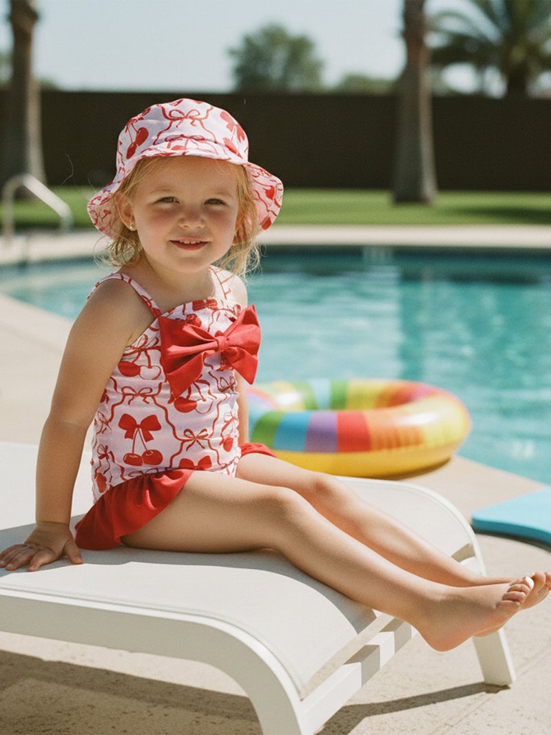 Toddler Baby Girl Swimsuit Set Flower Bow Spaghetti Strap Bathing Suit with Hat 2 Piece Set for Beach Pool - Image 2