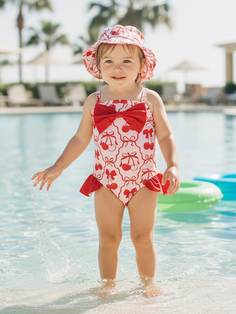 Toddler Baby Girl Swimsuit Set Flower Bow Spaghetti Strap Bathing Suit with Hat 2 Piece Set for Beach Pool - Image 4